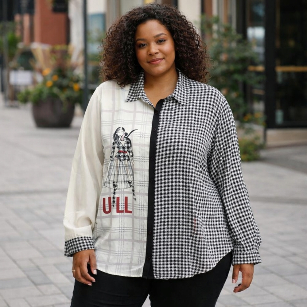 NWT Ness Houndstooth Two-tone Button-up Flowy Long Sleeve Blouse